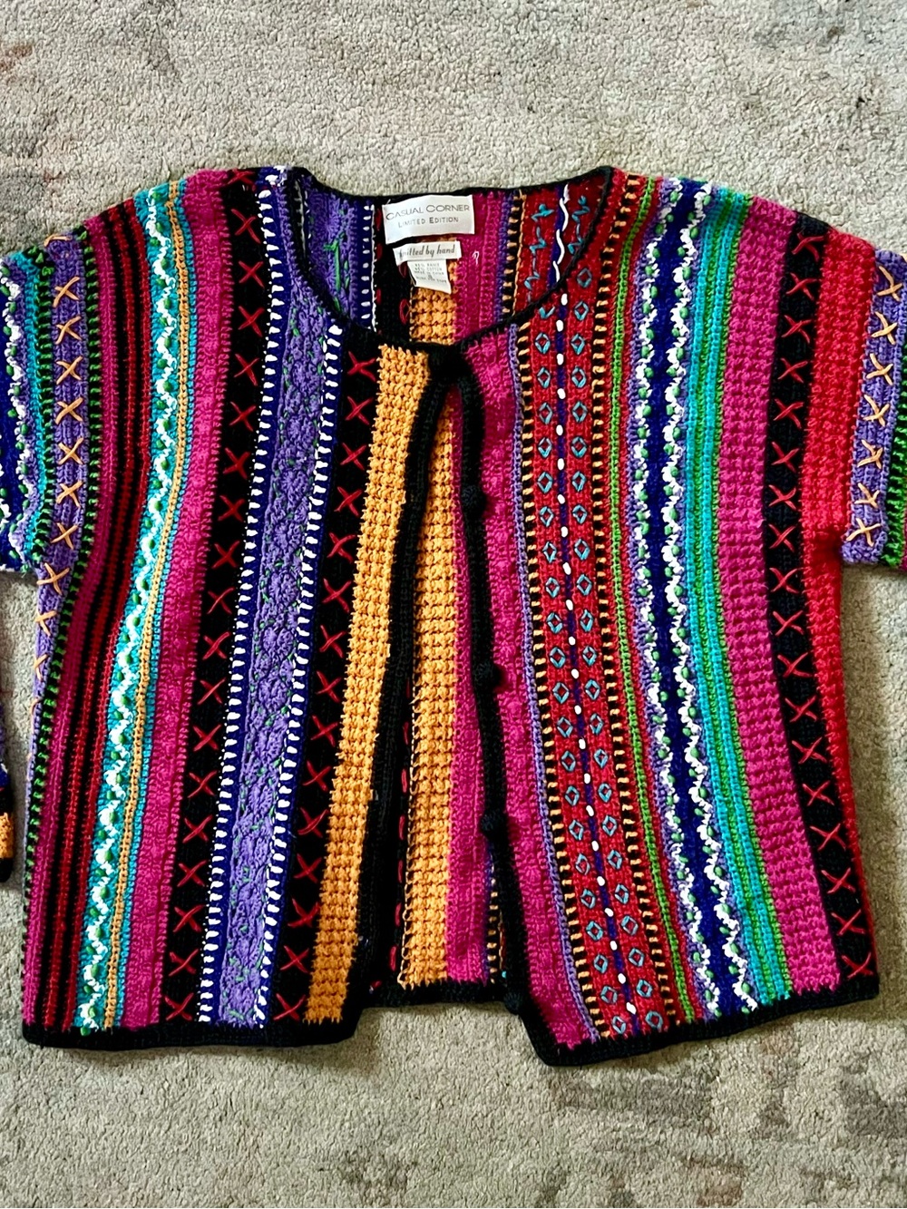 Cardigan sweater Casual Corner hand-knit colorful S Ramie/Cotton